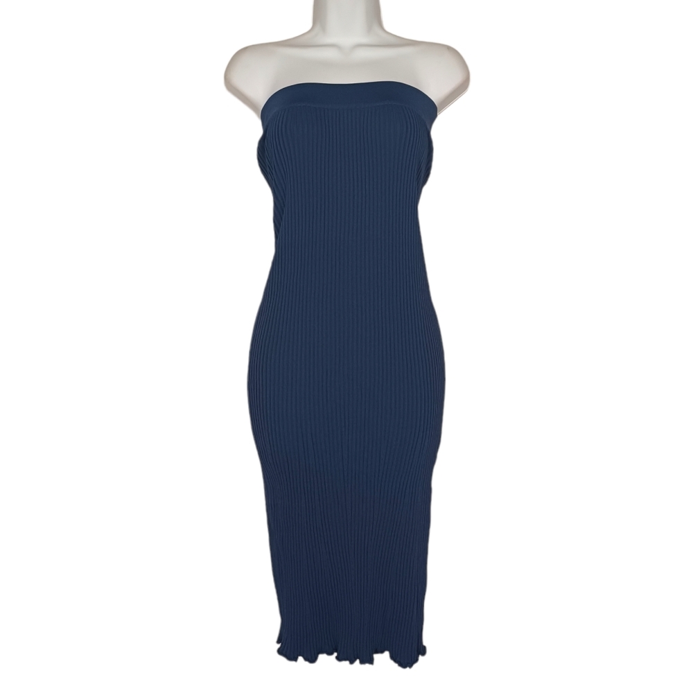 ZARA Navy Blue Knit Ribbed Stretchy Strapless Midi Dress/ Midi Skirt Small NWT